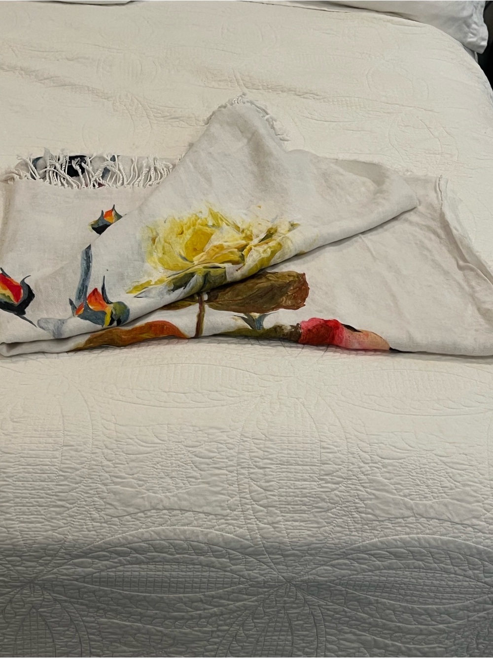 Designers Guild White Throw with Yellow Rose and Multicolor Floral Print